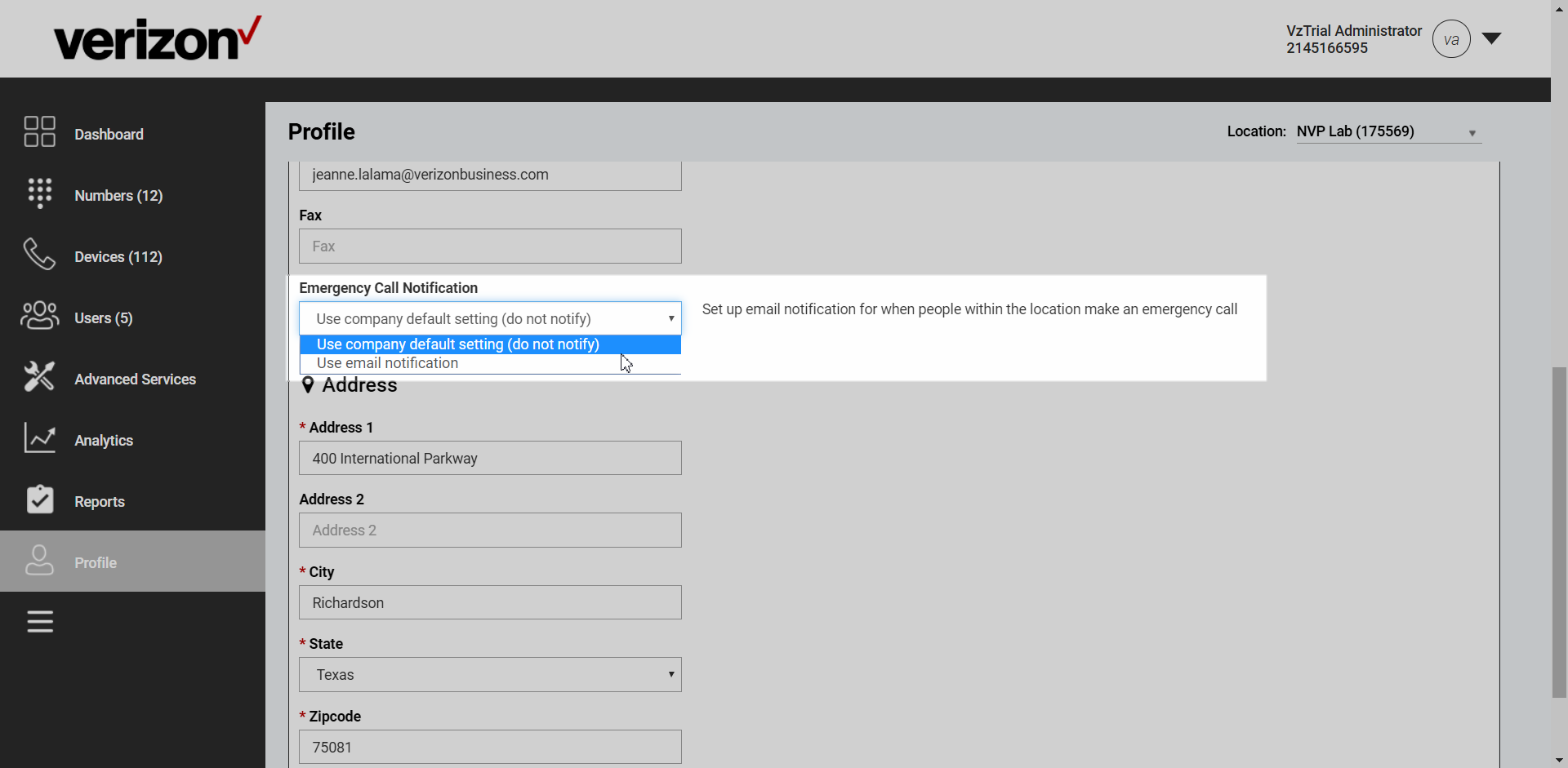 Calling Admin Portal Emergency Call Notification Verizon