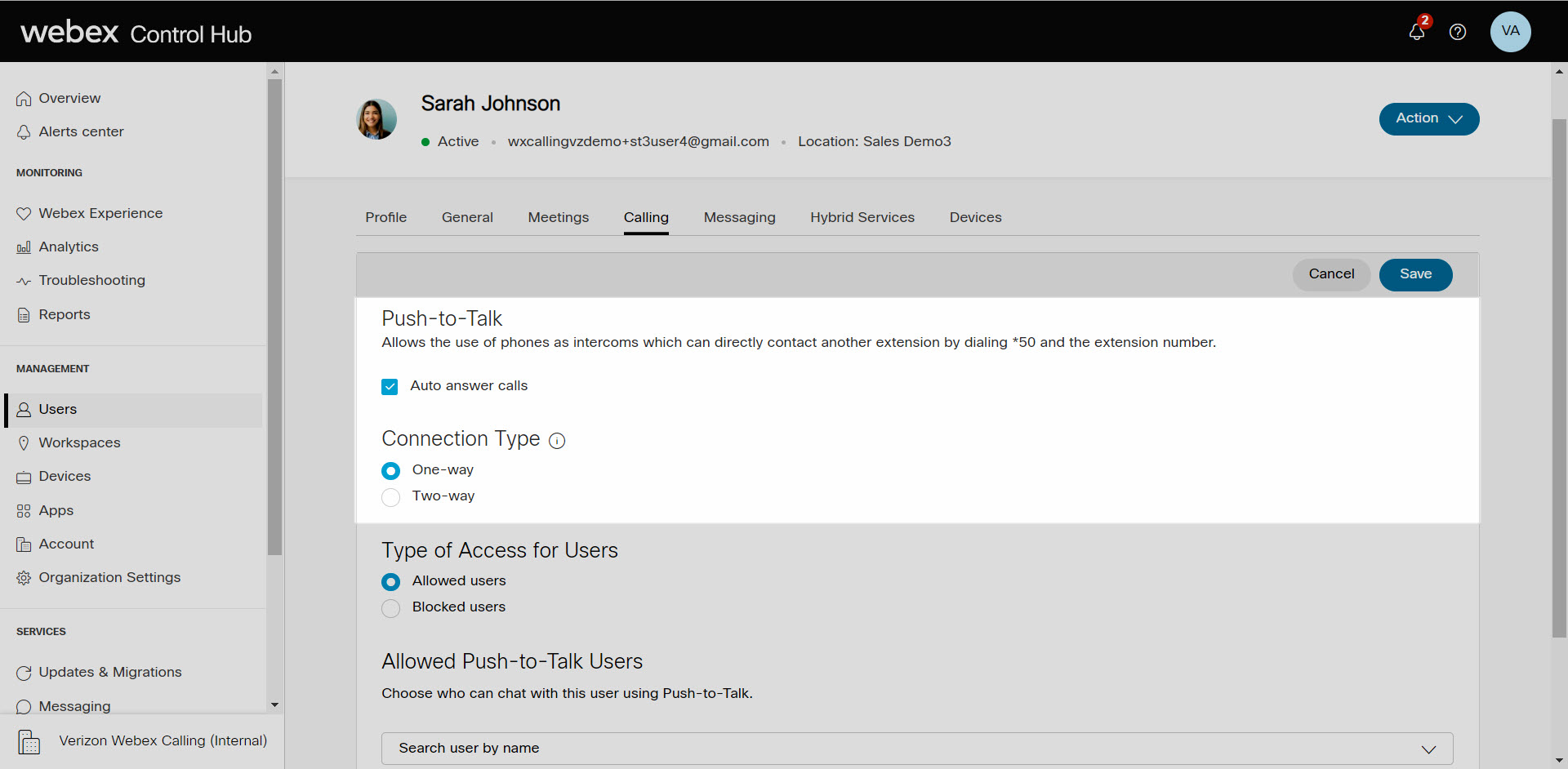 Control Hub Push to Talk Verizon